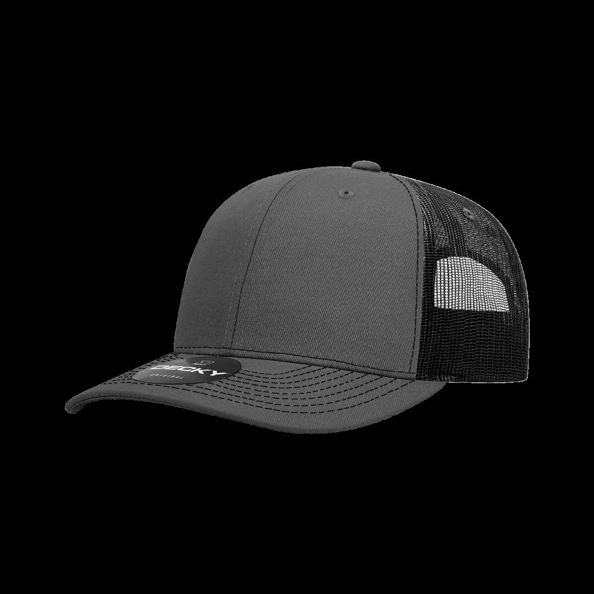 6031-4CHABLK 6 Panel Mid Profile Structured Contra-Stitch Trucker Cap, Charcoal & Black - One Size Fits Most