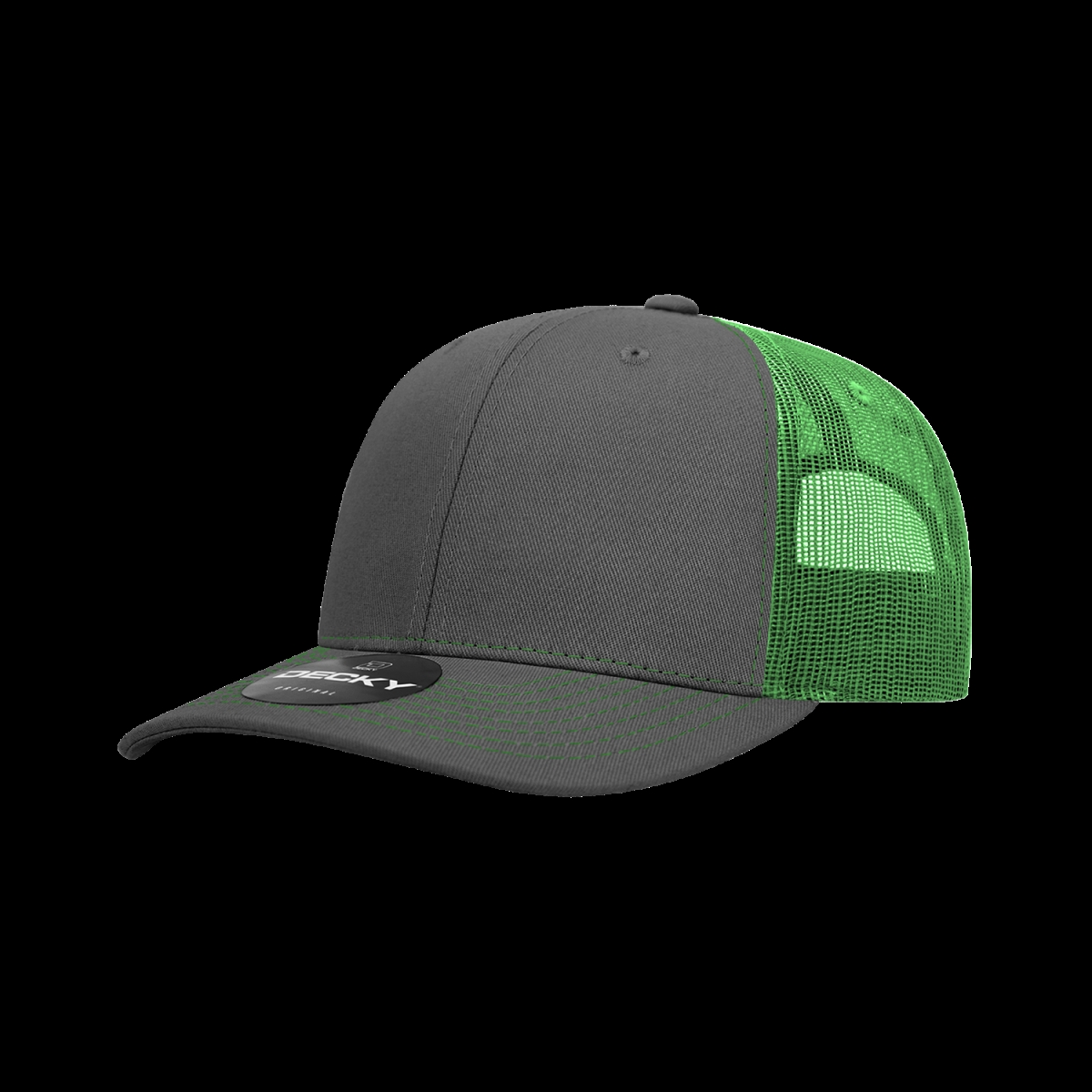 6031-4CHAKEL 6 Panel Mid Profile Structured Contra-Stitch Trucker Cap, Charcoal & Kelly - One Size Fits Most
