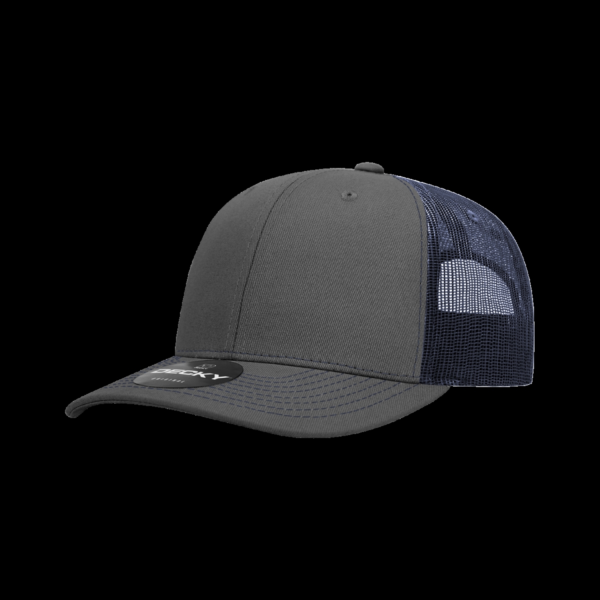 6031-4CHANVY 6 Panel Mid Profile Structured Contra-Stitch Trucker Cap, Charcoal & Navy - One Size Fits Most