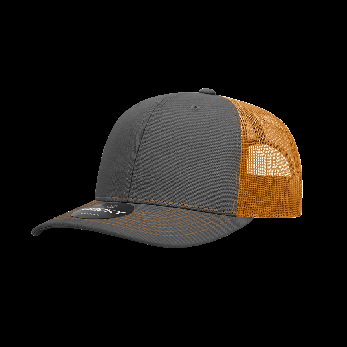 6031-4CHAORN 6 Panel Mid Profile Structured Contra-Stitch Trucker Cap, Charcoal & Orange - One Size Fits Most