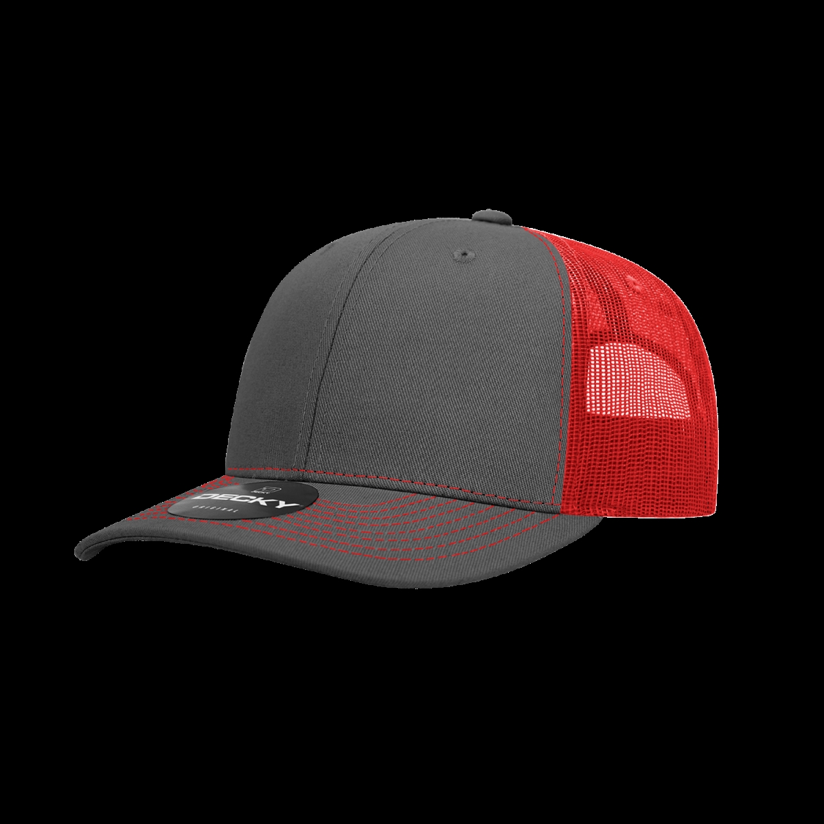 6031-4CHARED 6 Panel Mid Profile Structured Contra-Stitch Trucker Cap, Charcoal & Red - One Size Fits Most