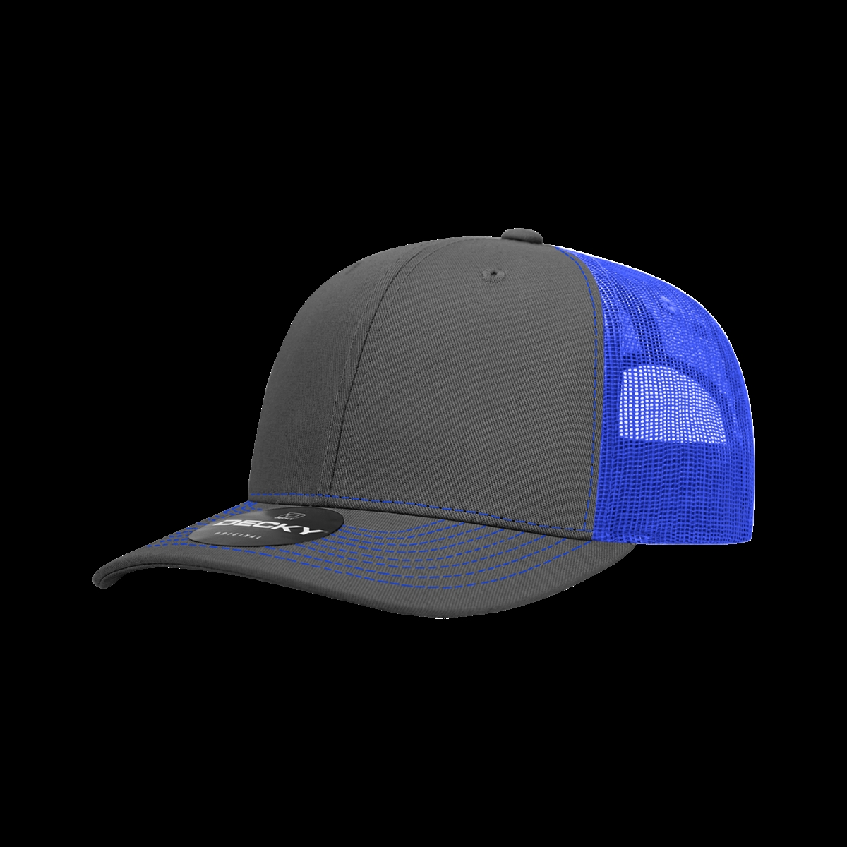 6031-4CHARYL 6 Panel Mid Profile Structured Contra-Stitch Trucker Cap, Charcoal & Royal - One Size Fits Most