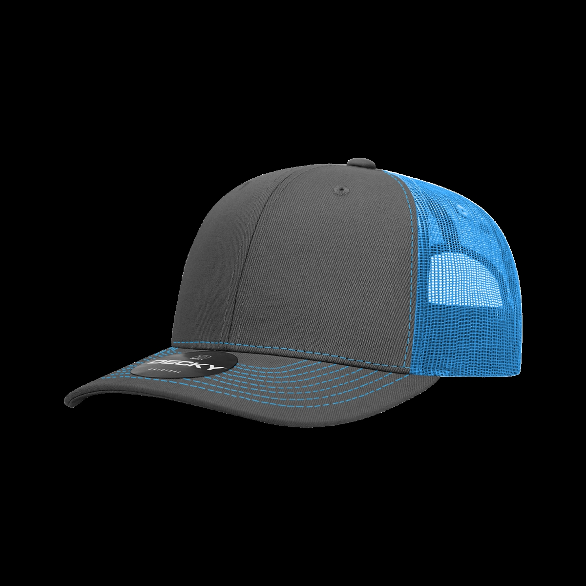 6031-4CHASKY 6 Panel Mid Profile Structured Contra-Stitch Trucker Cap, Charcoal & Sky - One Size Fits Most