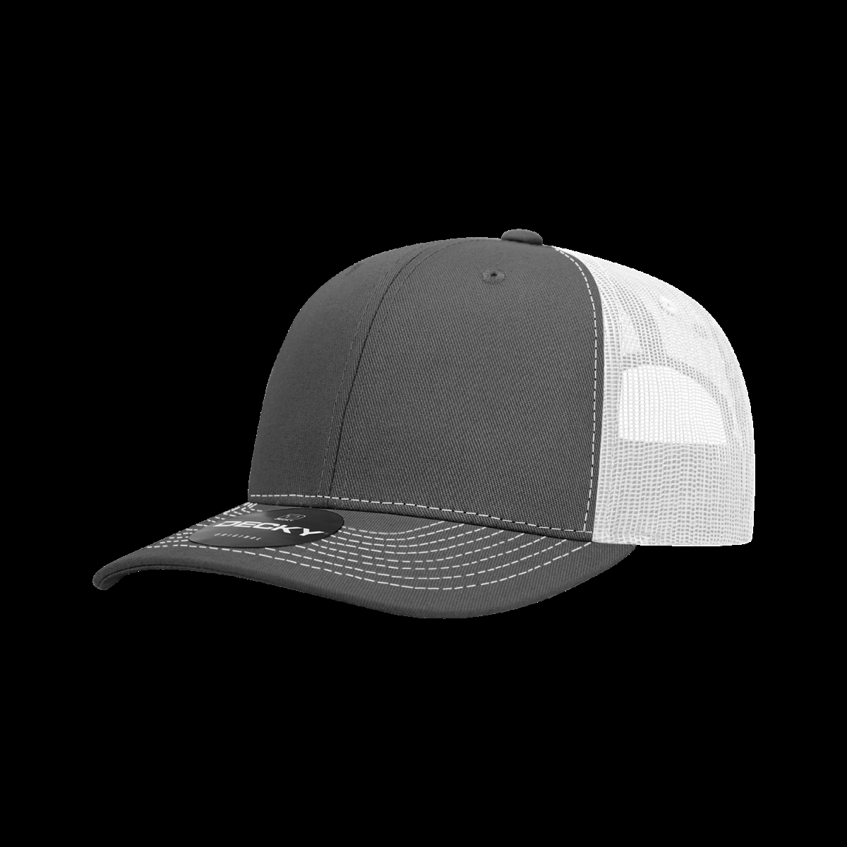 6031-4CHAWHT 6 Panel Mid Profile Structured Contra-Stitch Trucker Cap, Charcoal & White - One Size Fits Most