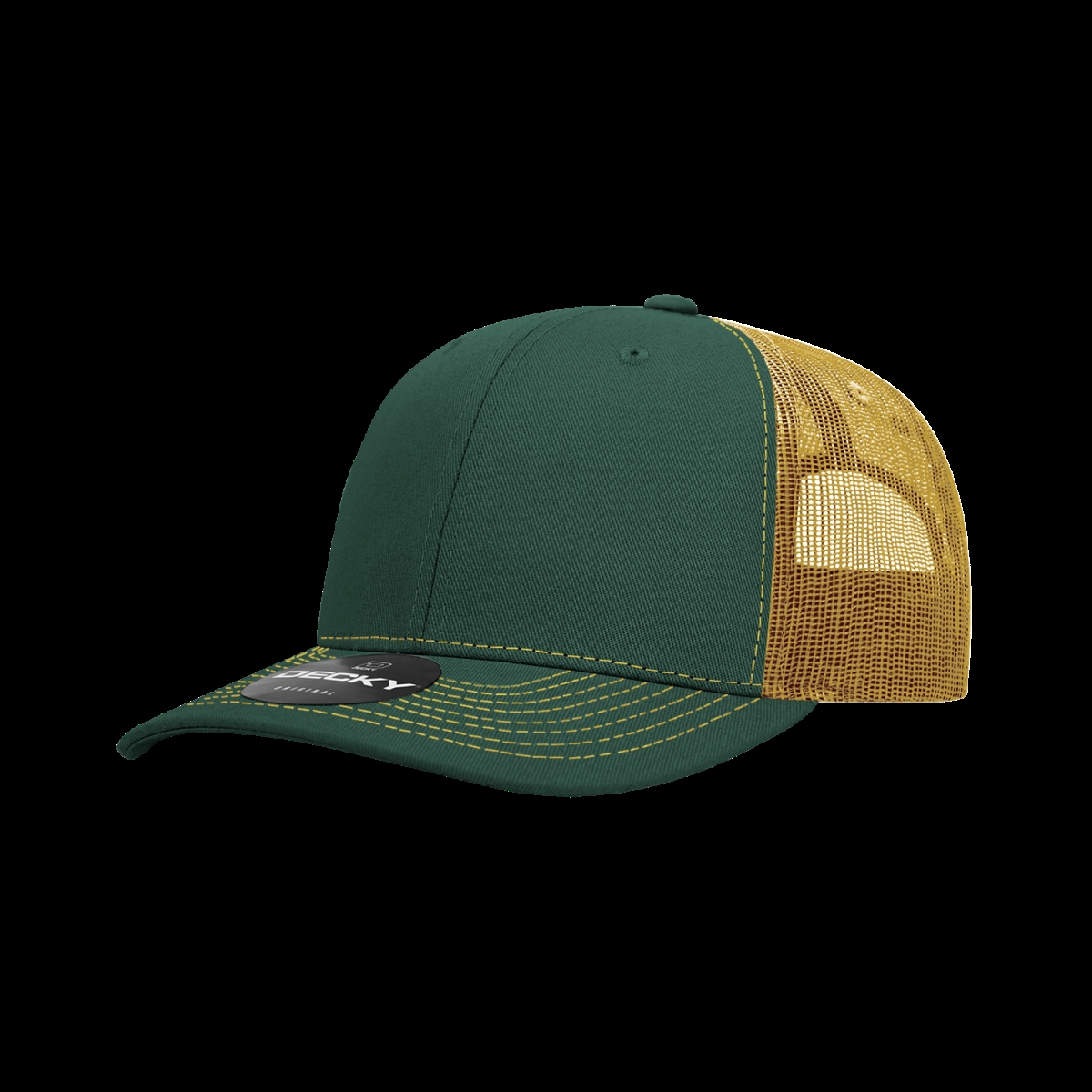 6031-4FORGLD 6 Panel Mid Profile Structured Contra-Stitch Trucker Cap, Forest & Gold - One Size Fits Most