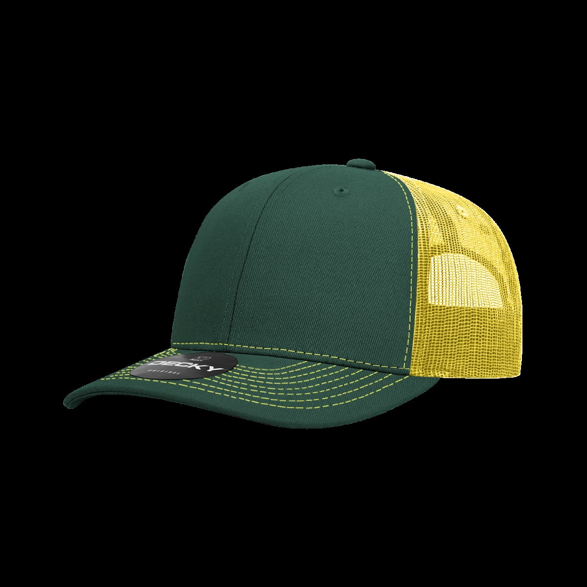 6031-4FORYEL 6 Panel Mid Profile Structured Contra-Stitch Trucker Cap, Forest & Yellow - One Size Fits Most