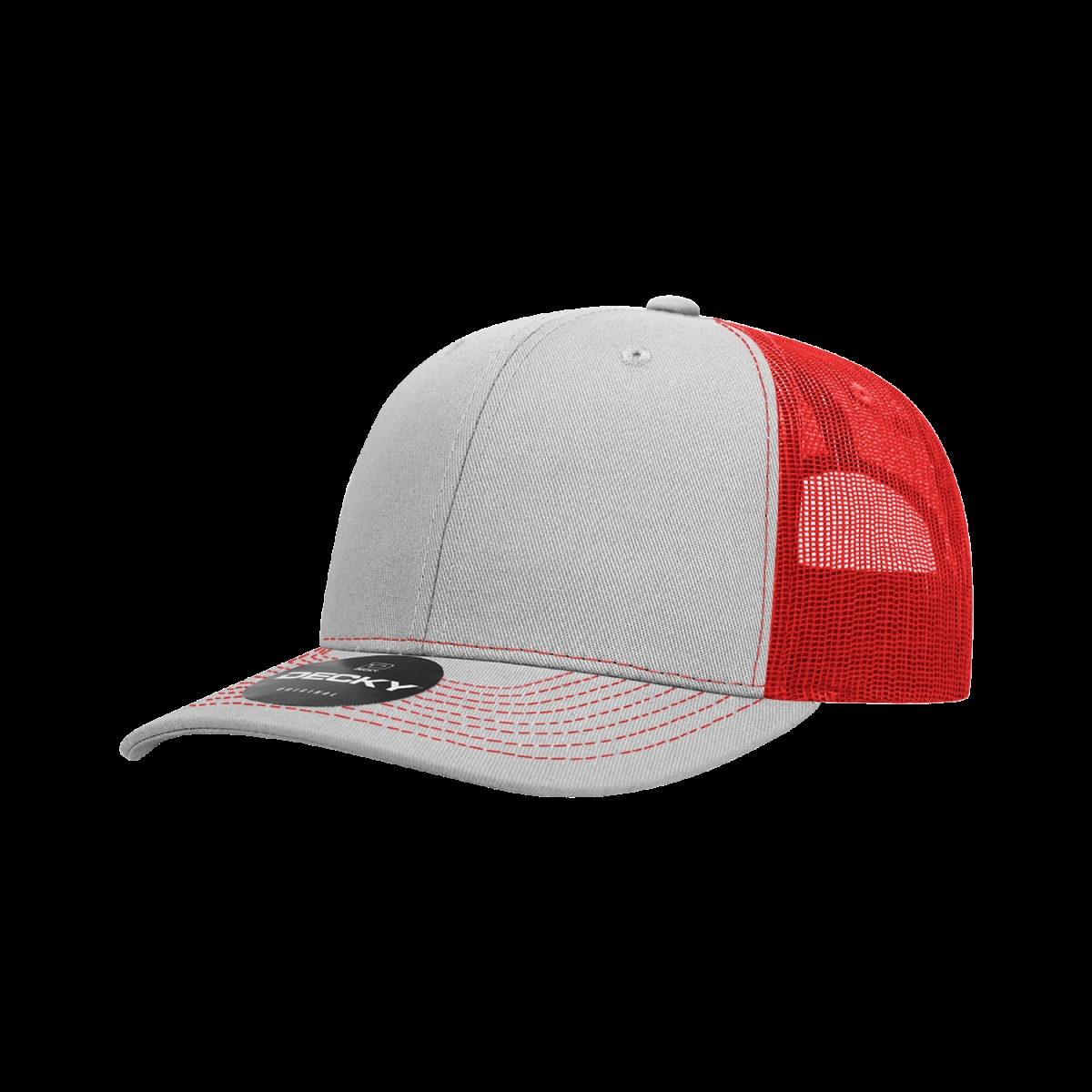 6031-4GRYRED 6 Panel Mid Profile Structured Contra-Stitch Trucker Cap, Grey & Red - One Size Fits Most