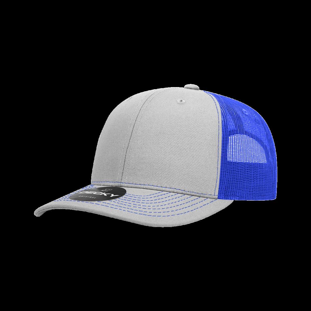 6031-4GRYRYL 6 Panel Mid Profile Structured Contra-Stitch Trucker Cap, Grey & Royal - One Size Fits Most