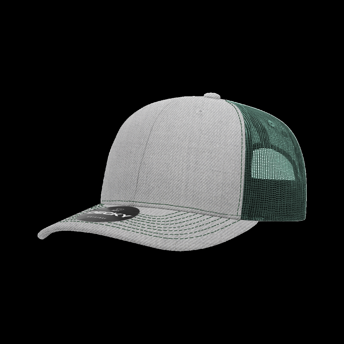 6031-4HGYFOR 6 Panel Mid Profile Structured Contra-Stitch Trucker Cap, Heather Grey & Forest - One Size Fits Most