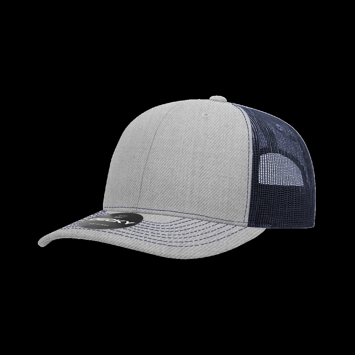 6031-4HGYNVY 6 Panel Mid Profile Structured Contra-Stitch Trucker Cap, Heather Grey & Navy - One Size Fits Most