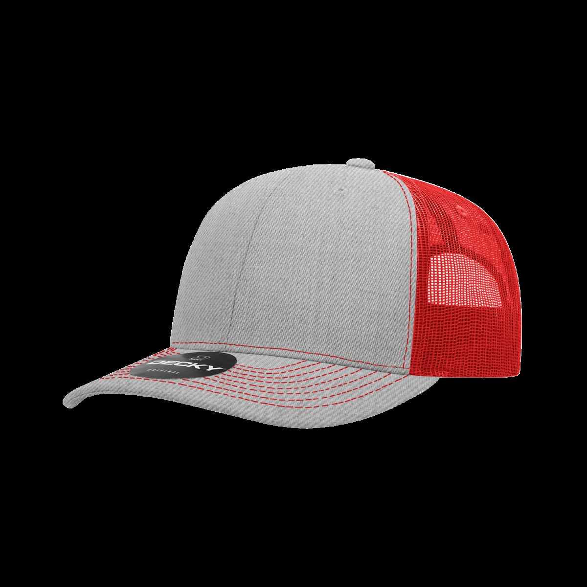 6031-4HGYRED 6 Panel Mid Profile Structured Contra-Stitch Trucker Cap, Heather Grey & Red - One Size Fits Most