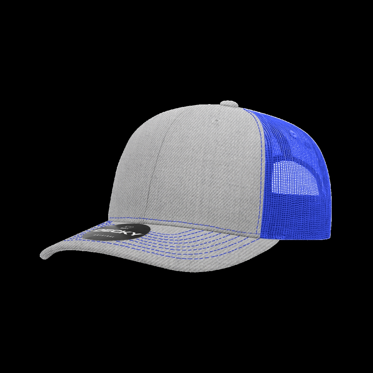 6031-4HGYRYL 6 Panel Mid Profile Structured Contra-Stitch Trucker Cap, Heather Grey & Royal - One Size Fits Most