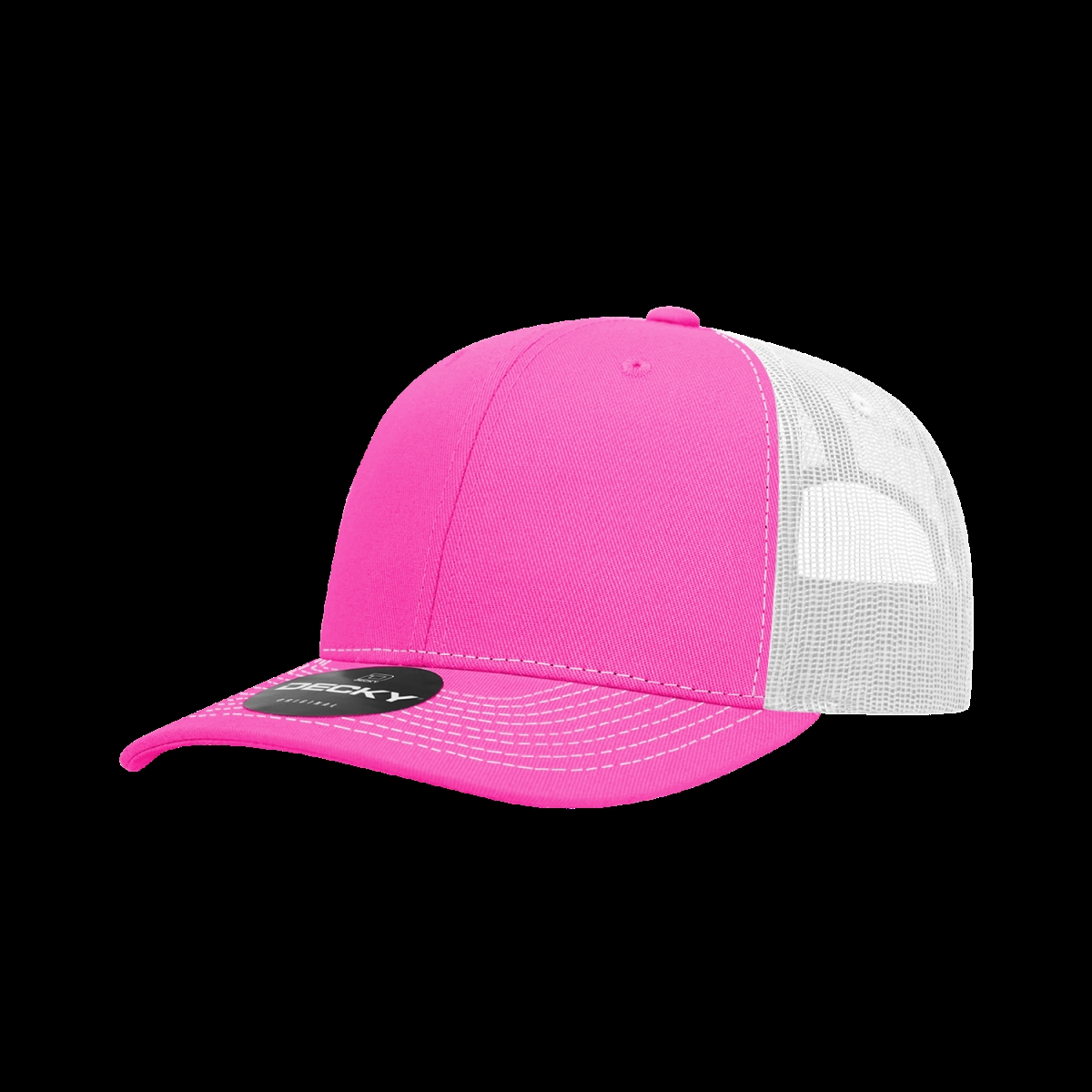 6031-4HPKWHT 6 Panel Mid Profile Structured Contra-Stitch Trucker Cap, Hot Pink & White - One Size Fits Most