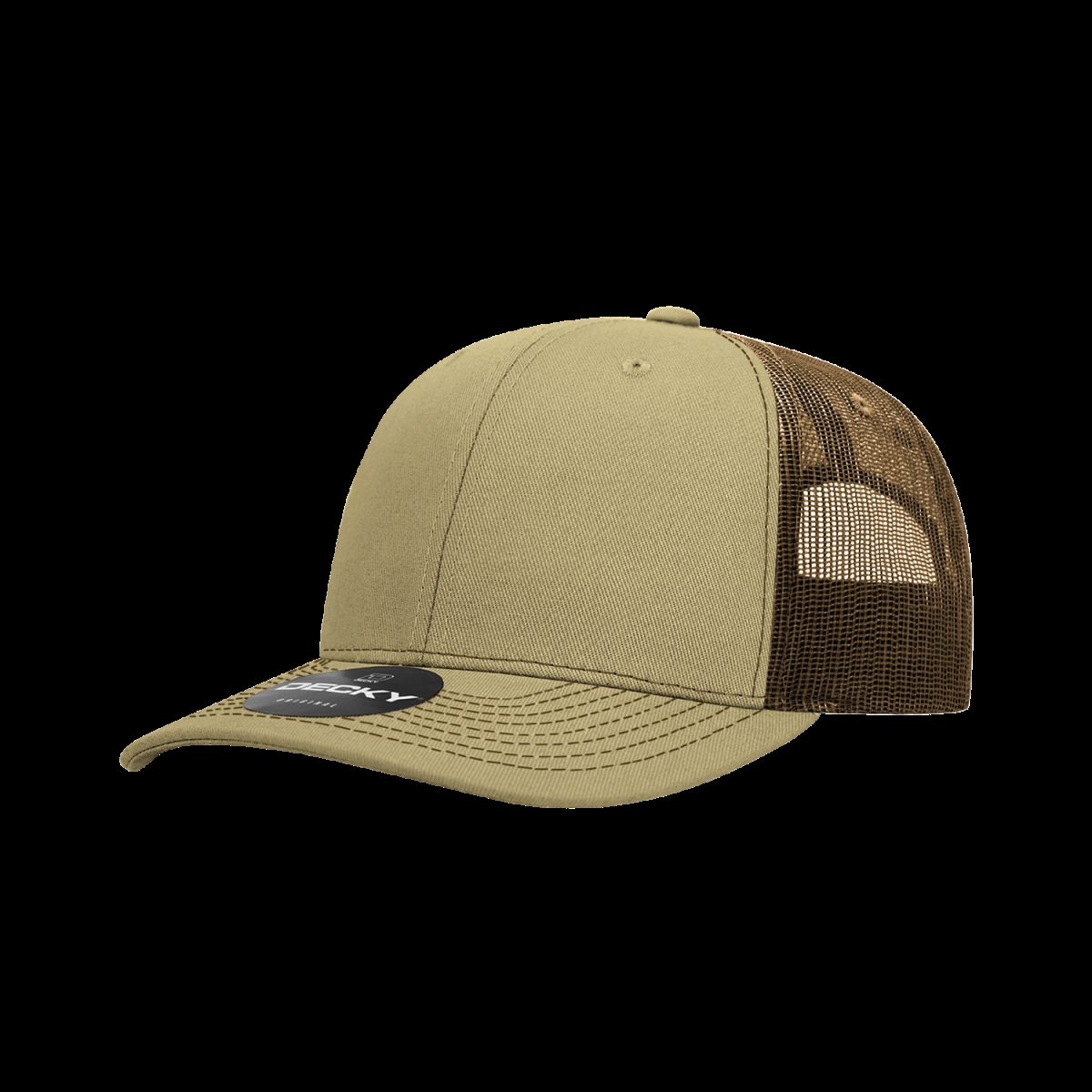 6031-4KHABRN 6 Panel Mid Profile Structured Contra-Stitch Trucker Cap, Khaki & Brown - One Size Fits Most