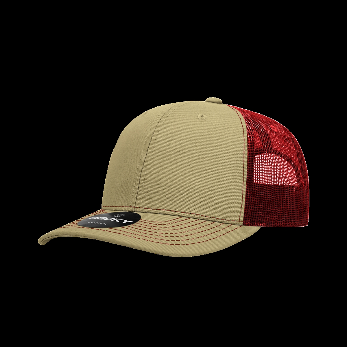 6031-4KHACAR 6 Panel Mid Profile Structured Contra-Stitch Trucker Cap, Khaki & Cardinal - One Size Fits Most