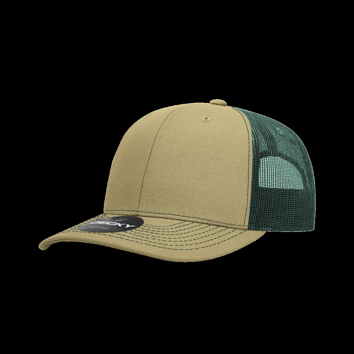 6031-4KHAFOR 6 Panel Mid Profile Structured Contra-Stitch Trucker Cap, Khaki & Forest - One Size Fits Most