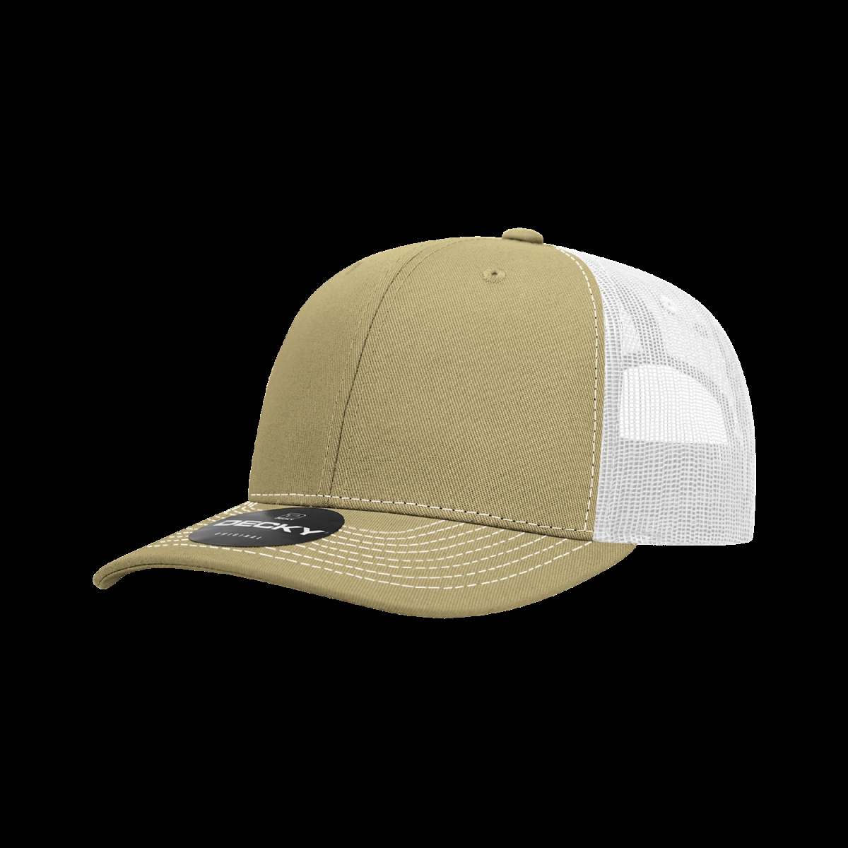 6031-4KHAWHT 6 Panel Mid Profile Structured Contra-Stitch Trucker Cap, Khaki & White - One Size Fits Most