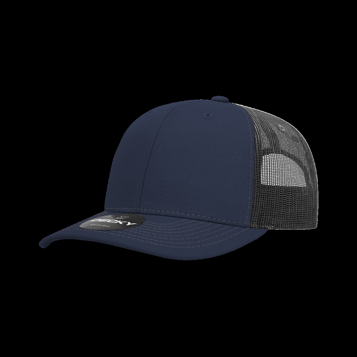 6031-4NVYCHA 6 Panel Mid Profile Structured Contra-Stitch Trucker Cap, Navy & Charcoal - One Size Fits Most