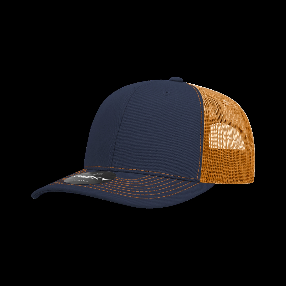 6031-4NVYORN 6 Panel Mid Profile Structured Contra-Stitch Trucker Cap, Navy & Orange - One Size Fits Most