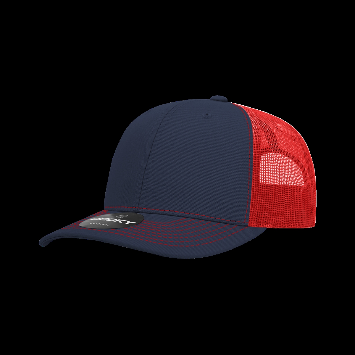 6031-4NVYRED 6 Panel Mid Profile Structured Contra-Stitch Trucker Cap, Navy & Red - One Size Fits Most