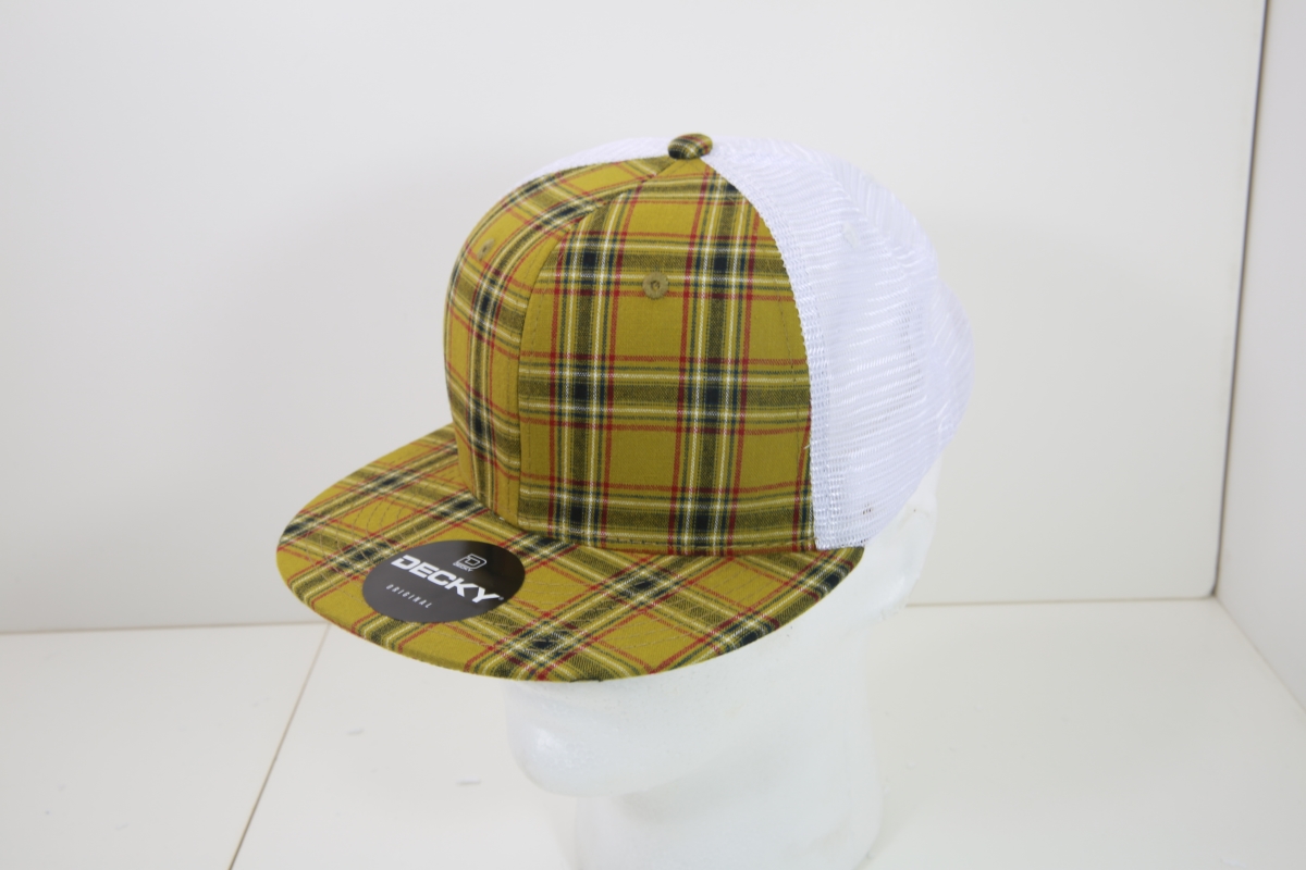 6015-207 6 Panel High Profile Structured Plaid Trucker Hats, 207-White - One Size Fits Most
