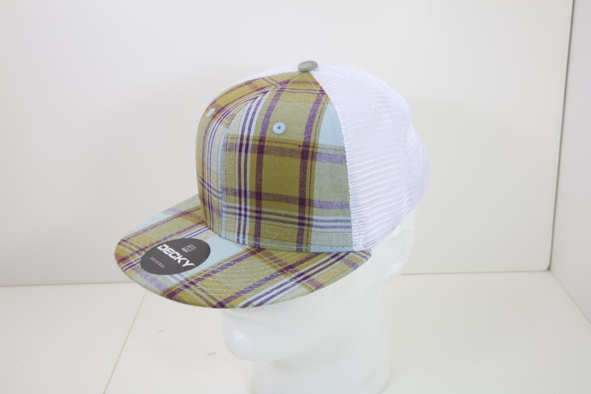 6015-210 6 Panel High Profile Structured Plaid Trucker Hats, 210-White - One Size Fits Most