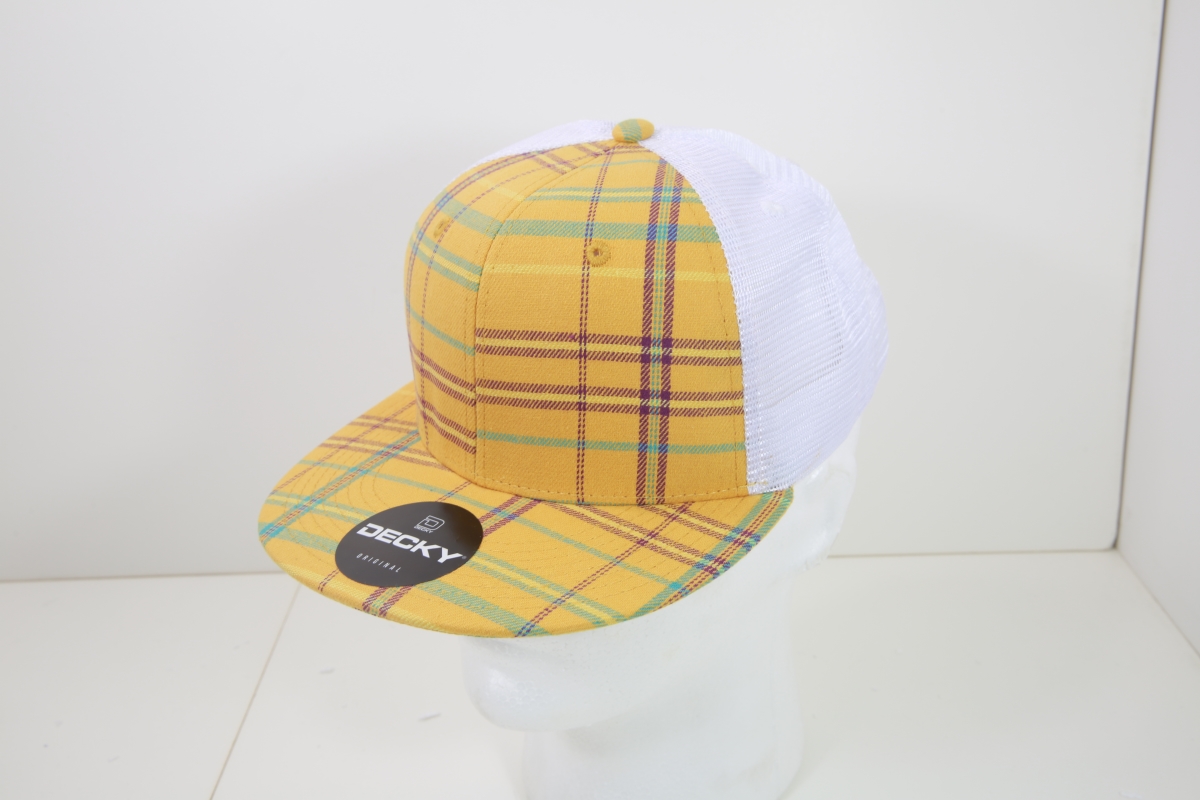 6015-211 6 Panel High Profile Structured Plaid Trucker Hats, 211-White - One Size Fits Most
