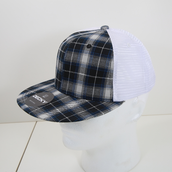 6015-212 6 Panel High Profile Structured Plaid Trucker Hats, 212-White - One Size Fits Most