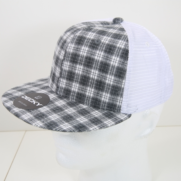 6015-214 6 Panel High Profile Structured Plaid Trucker Hats, 214-White - One Size Fits Most