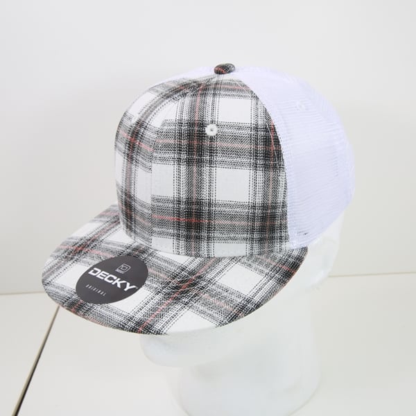 6015-215 6 Panel High Profile Structured Plaid Trucker Hats, 215-White - One Size Fits Most