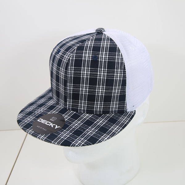 6015-217 6 Panel High Profile Structured Plaid Trucker Hats, 217-White - One Size Fits Most