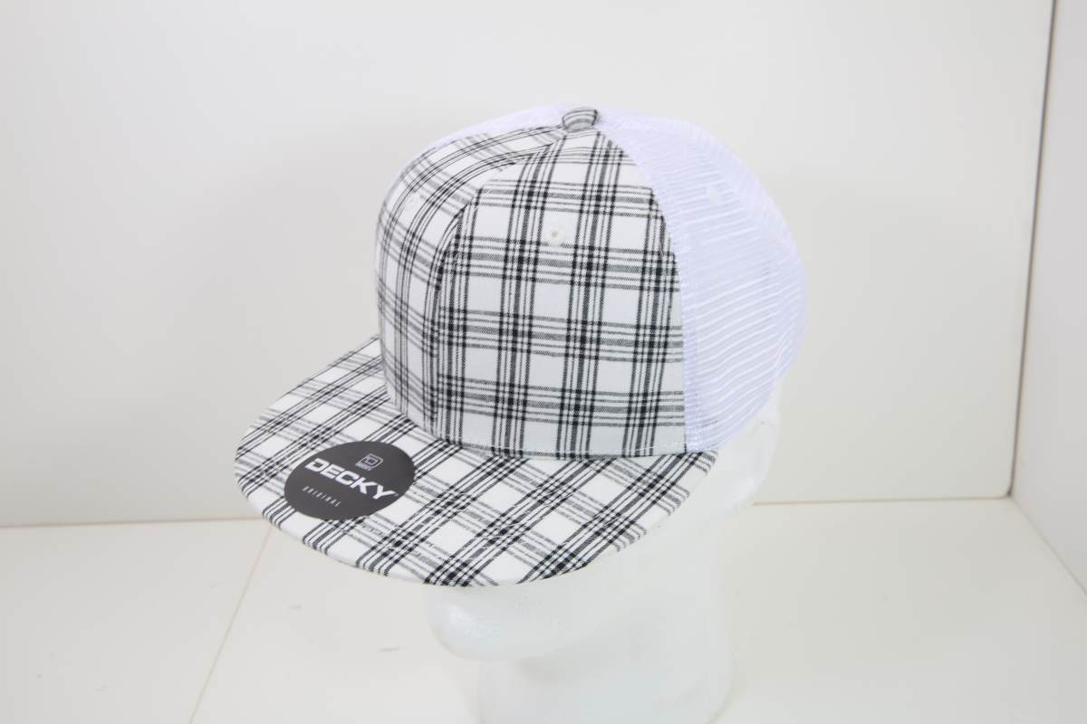6015-218 6 Panel High Profile Structured Plaid Trucker Hats, 218-White - One Size Fits Most