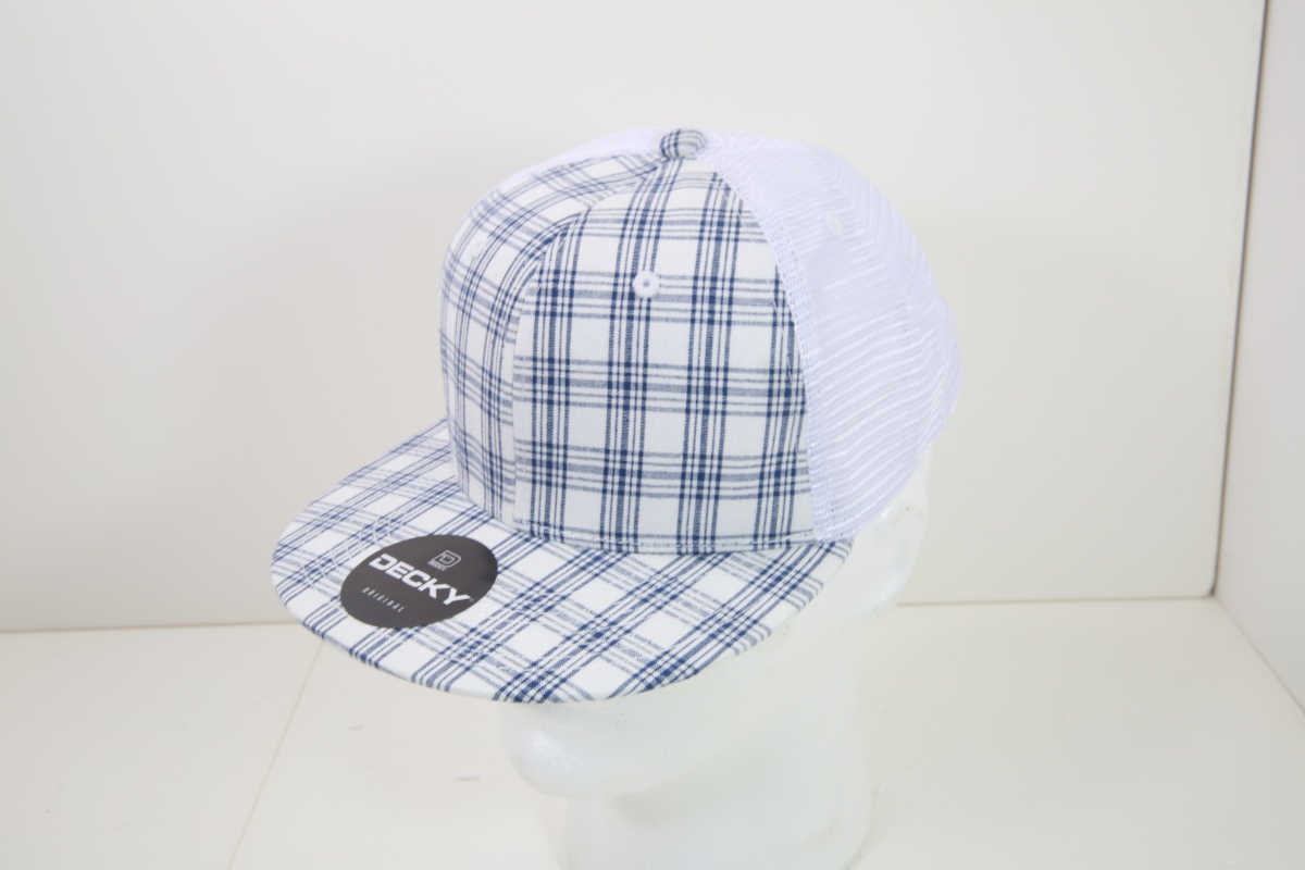 6015-219 6 Panel High Profile Structured Plaid Trucker Hats, 219-White - One Size Fits Most