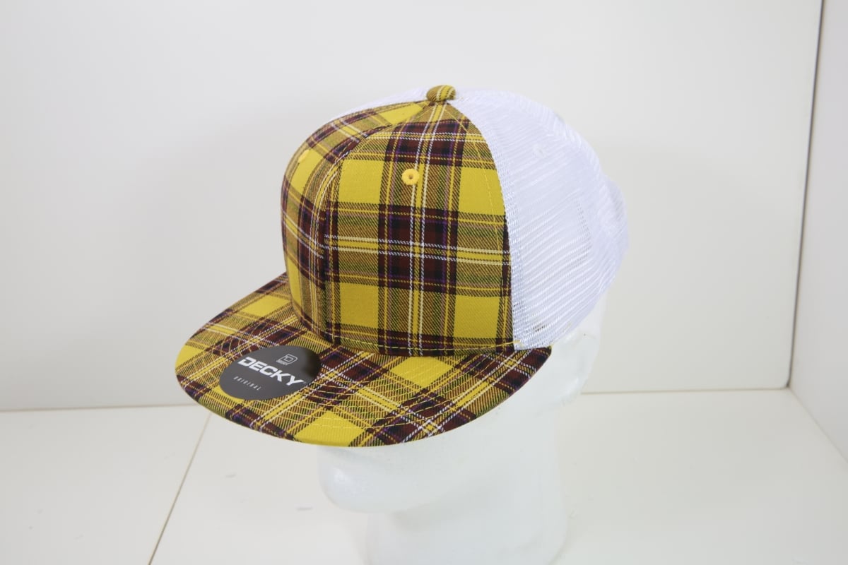 6015-220 6 Panel High Profile Structured Plaid Trucker Hats, 220-White - One Size Fits Most