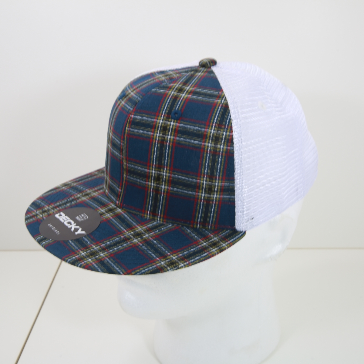 6015-221 6 Panel High Profile Structured Plaid Trucker Hats, 221-White - One Size Fits Most