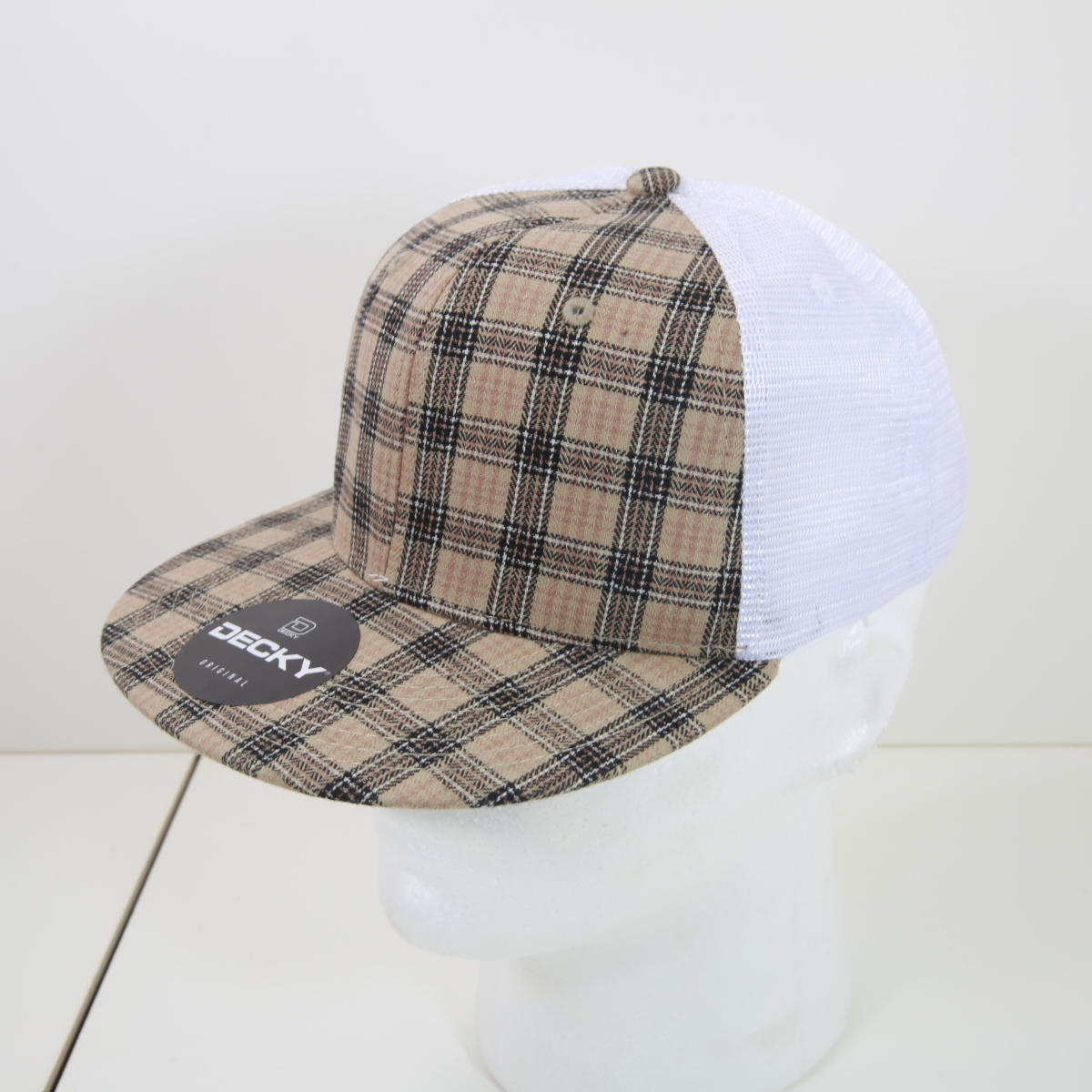 6015-222 6 Panel High Profile Structured Plaid Trucker Hats, 222-White - One Size Fits Most