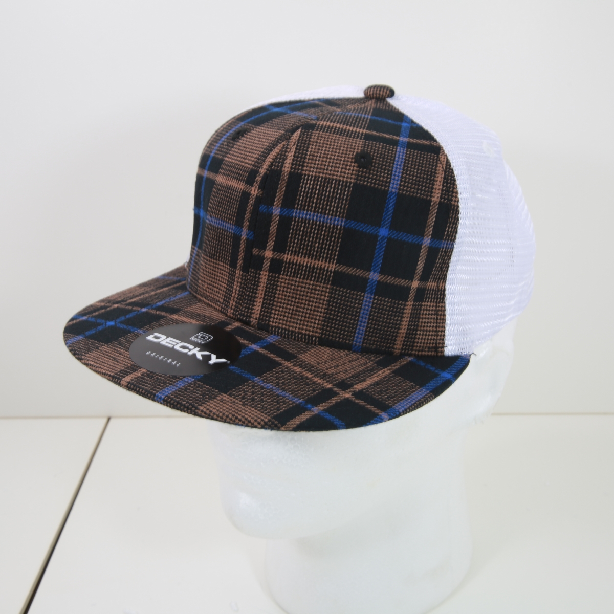 6015-225 6 Panel High Profile Structured Plaid Trucker Hats, 225-White - One Size Fits Most
