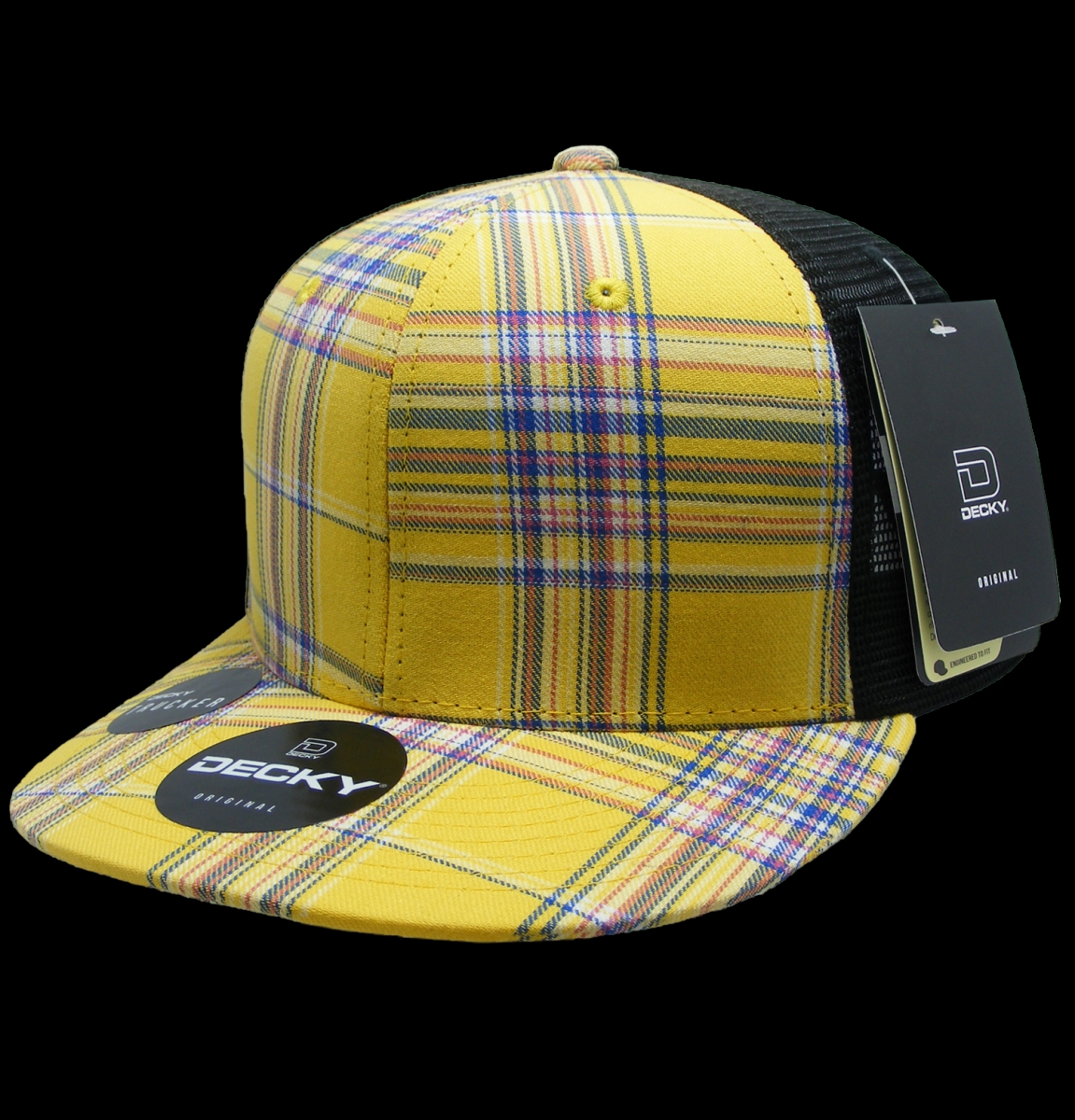 6016-103 6 Panel High Profile Structured Plaid Trucker Hats, 103-Black - One Size Fits Most