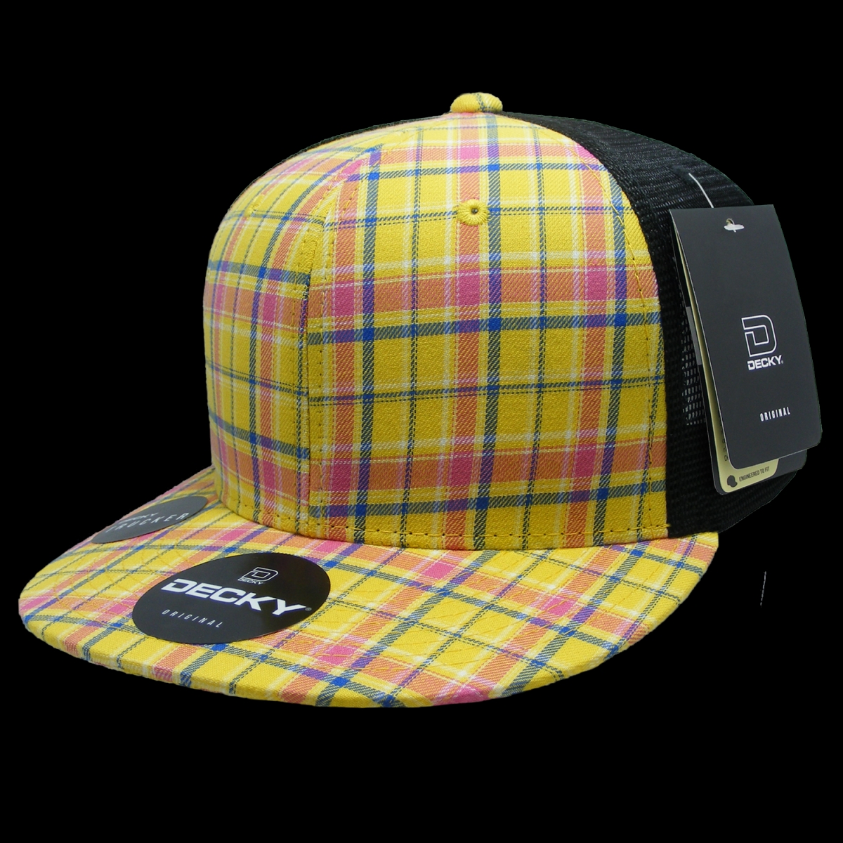 6016-105 6 Panel High Profile Structured Plaid Trucker Hats, 105-Black - One Size Fits Most
