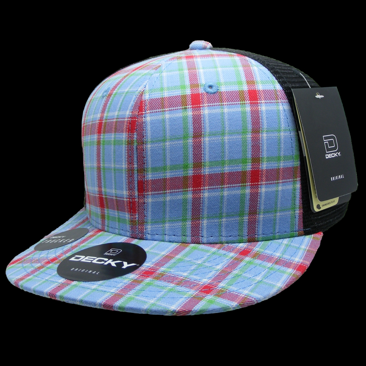 6016-113 6 Panel High Profile Structured Plaid Trucker Hats, 113-Black - One Size Fits Most