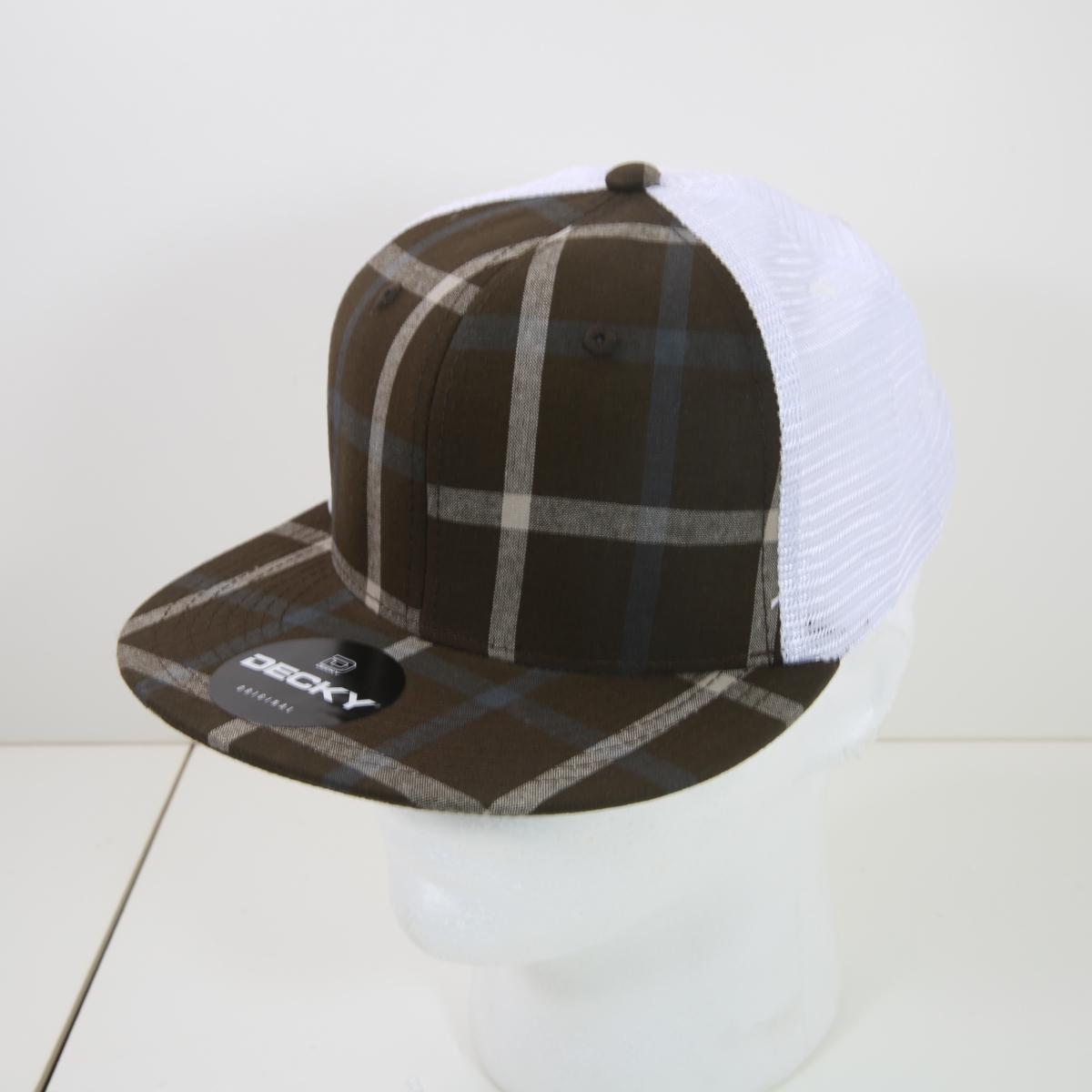 6015-226 6 Panel High Profile Structured Plaid Trucker Hats, 226-White - One Size Fits Most