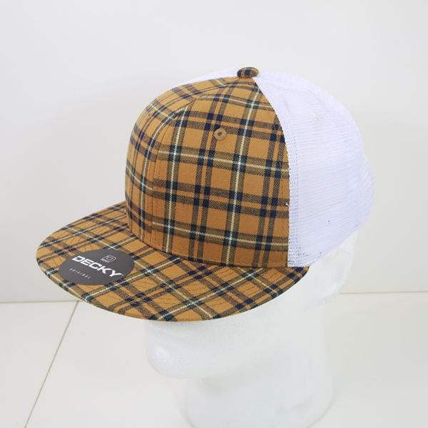 6015-227 6 Panel High Profile Structured Plaid Trucker Hats, 227-White - One Size Fits Most