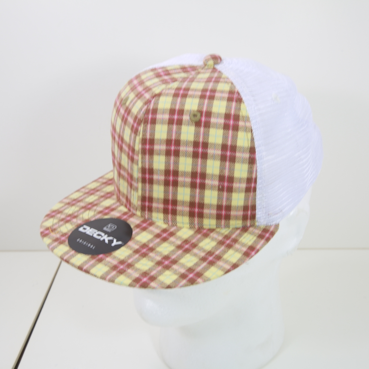 6015-233 6 Panel High Profile Structured Plaid Trucker Hats, 233-White - One Size Fits Most