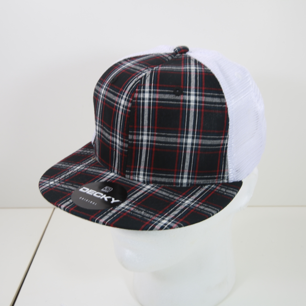 6015-235 6 Panel High Profile Structured Plaid Trucker Hats, 235-White - One Size Fits Most