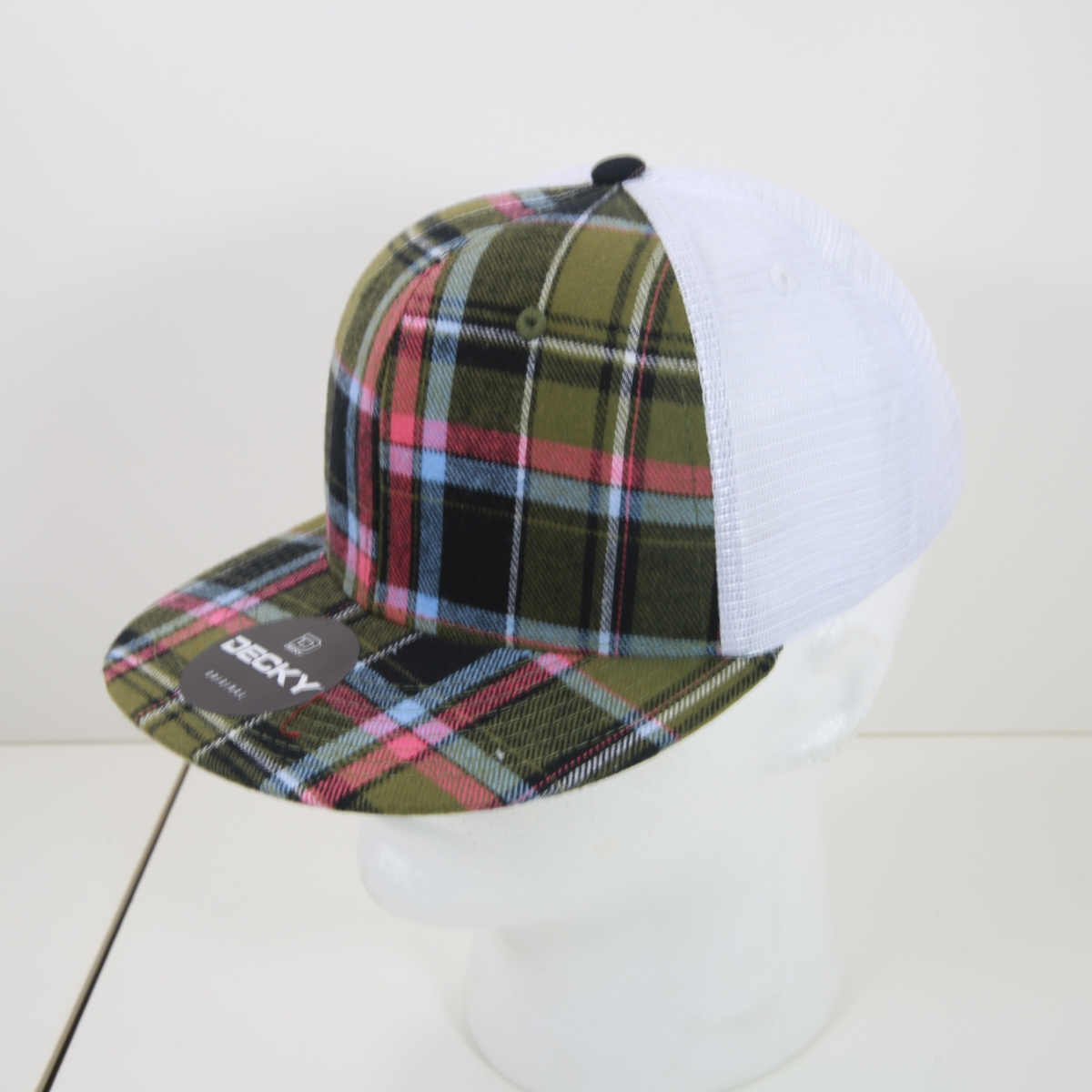 6015-238 6 Panel High Profile Structured Plaid Trucker Hats, 238-White - One Size Fits Most