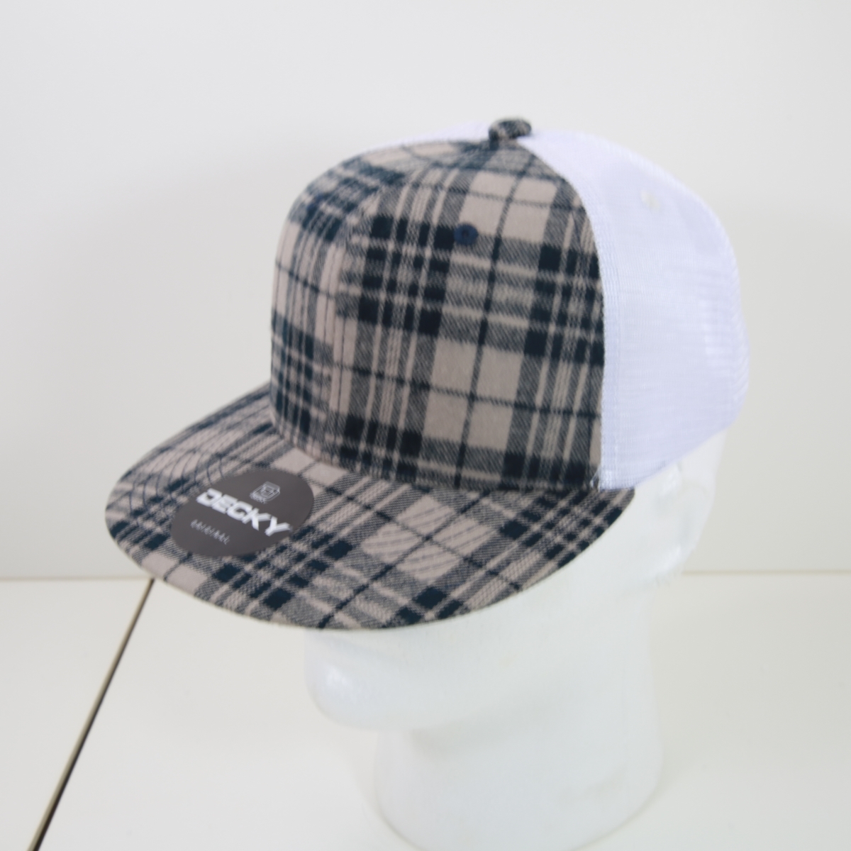 6015-240 6 Panel High Profile Structured Plaid Trucker Hats, 240-White - One Size Fits Most