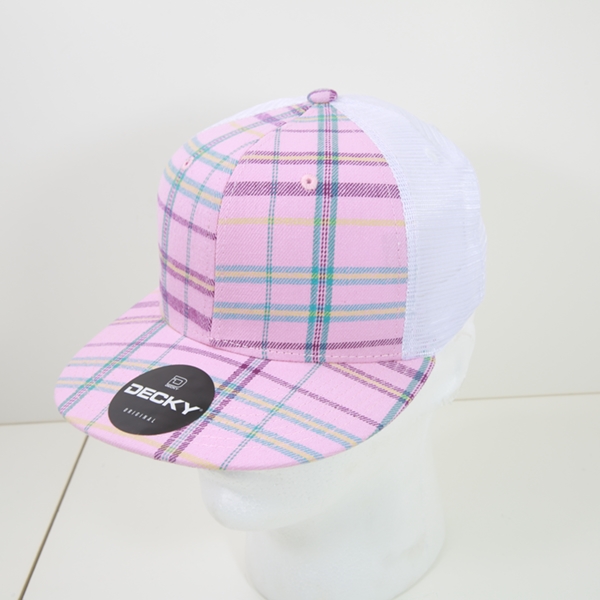 6015-243 6 Panel High Profile Structured Plaid Trucker Hats, 243-White - One Size Fits Most