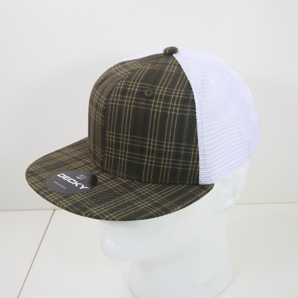 6015-248 6 Panel High Profile Structured Plaid Trucker Hats, 248-White - One Size Fits Most