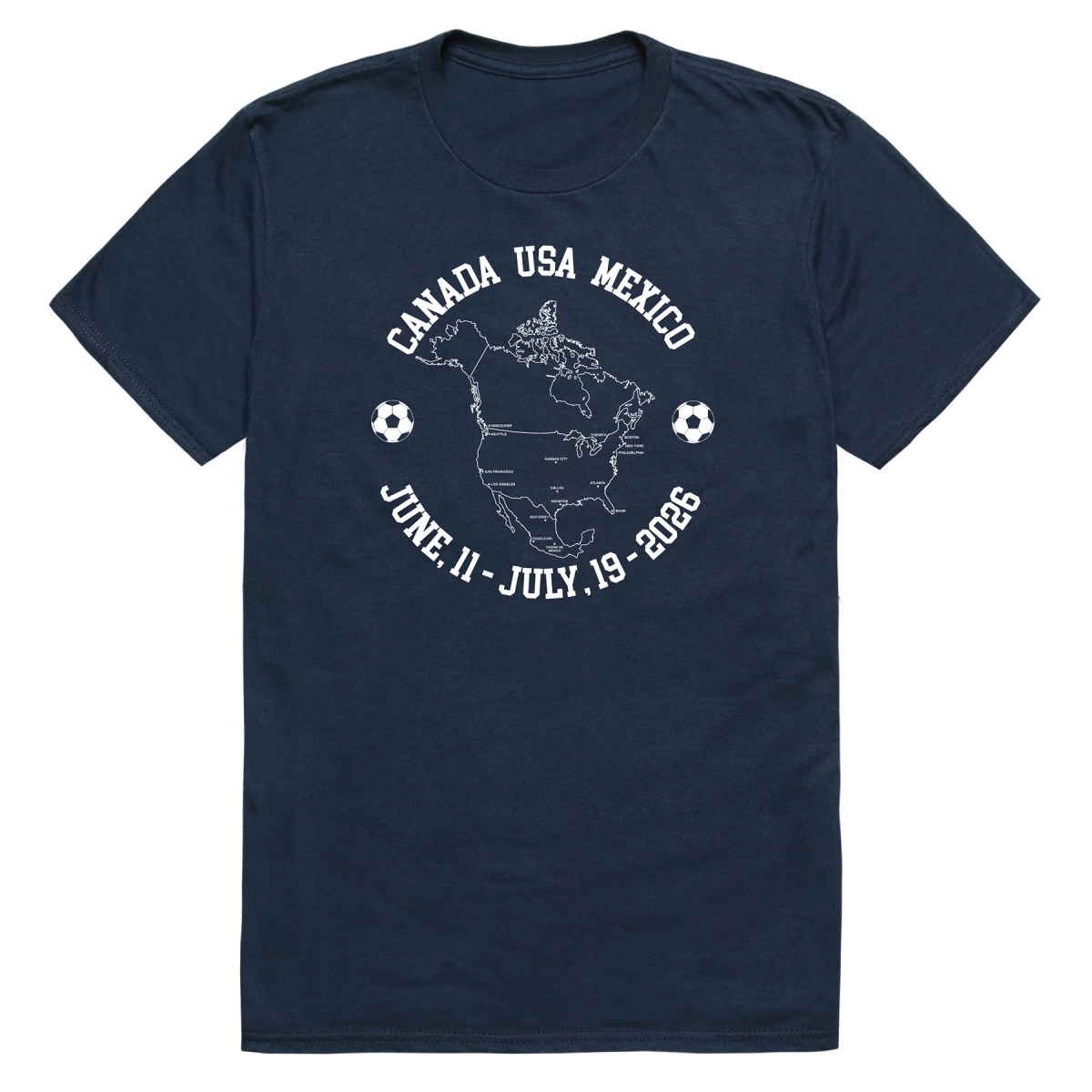 MD1-SB7-NVY-02 Soccer Host Cities Map 2026 Short Sleeve T-Shirt, Navy - Medium