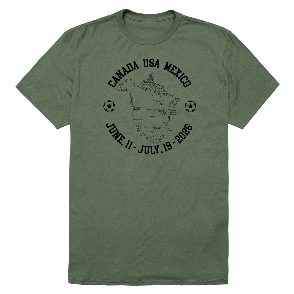 MD1-SB7-OLV-04 Soccer Host Cities Map 2026 Short Sleeve T-Shirt, Olive - Extra Large